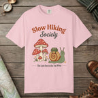 Blossom color unisex graphic t-shirt with "Slow Hiking Society" design