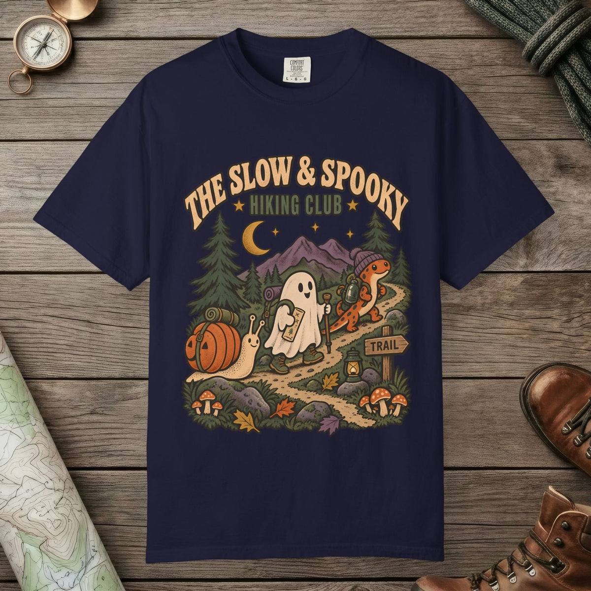 True Navy color unisex graphic t-shirt with "Slow & Spooky" design