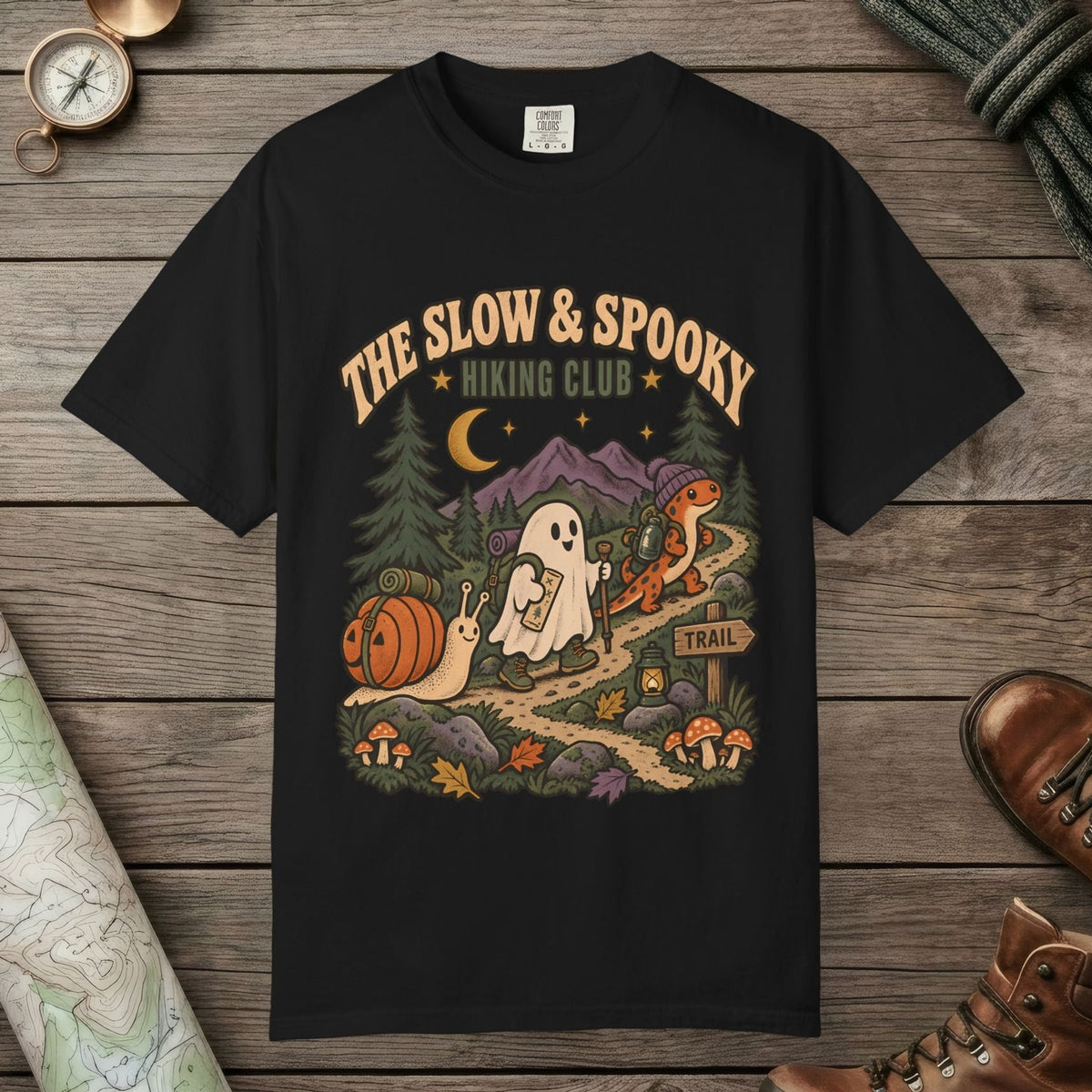 Black color unisex graphic t-shirt with "Slow & Spooky" design