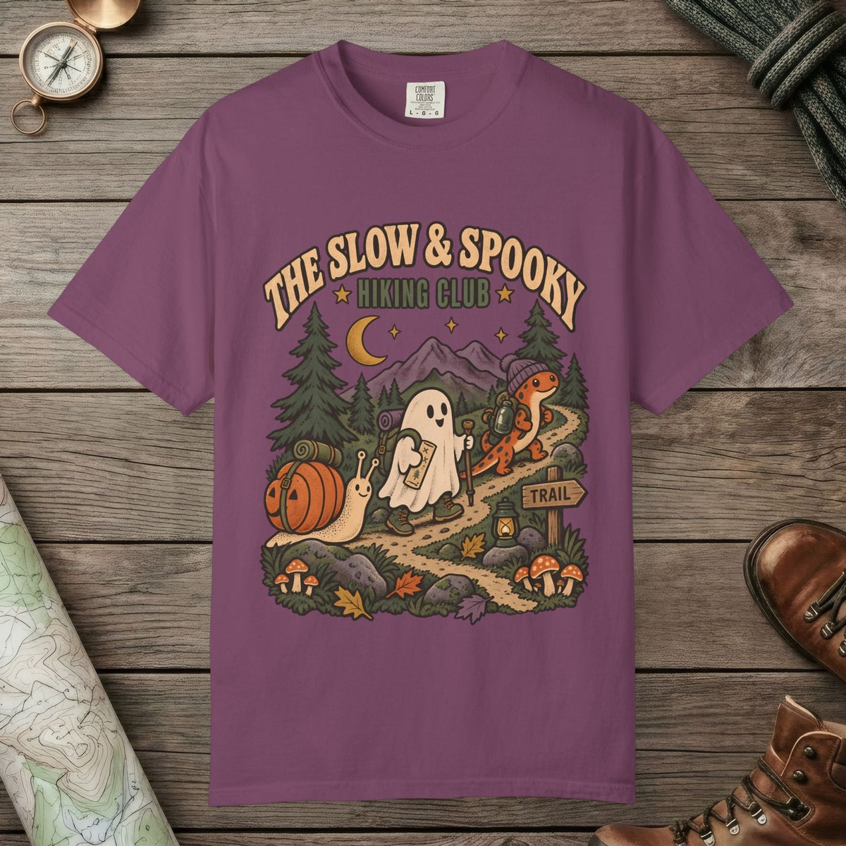 Berry color unisex graphic t-shirt with "Slow & Spooky" design