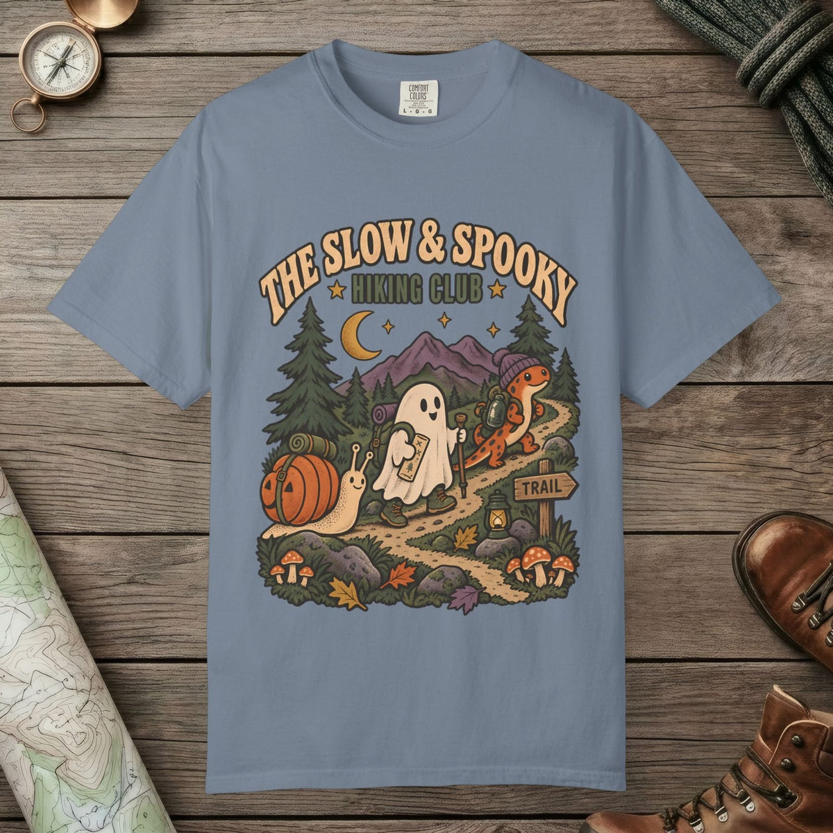 Blue Jean color unisex graphic t-shirt with "Slow & Spooky" design