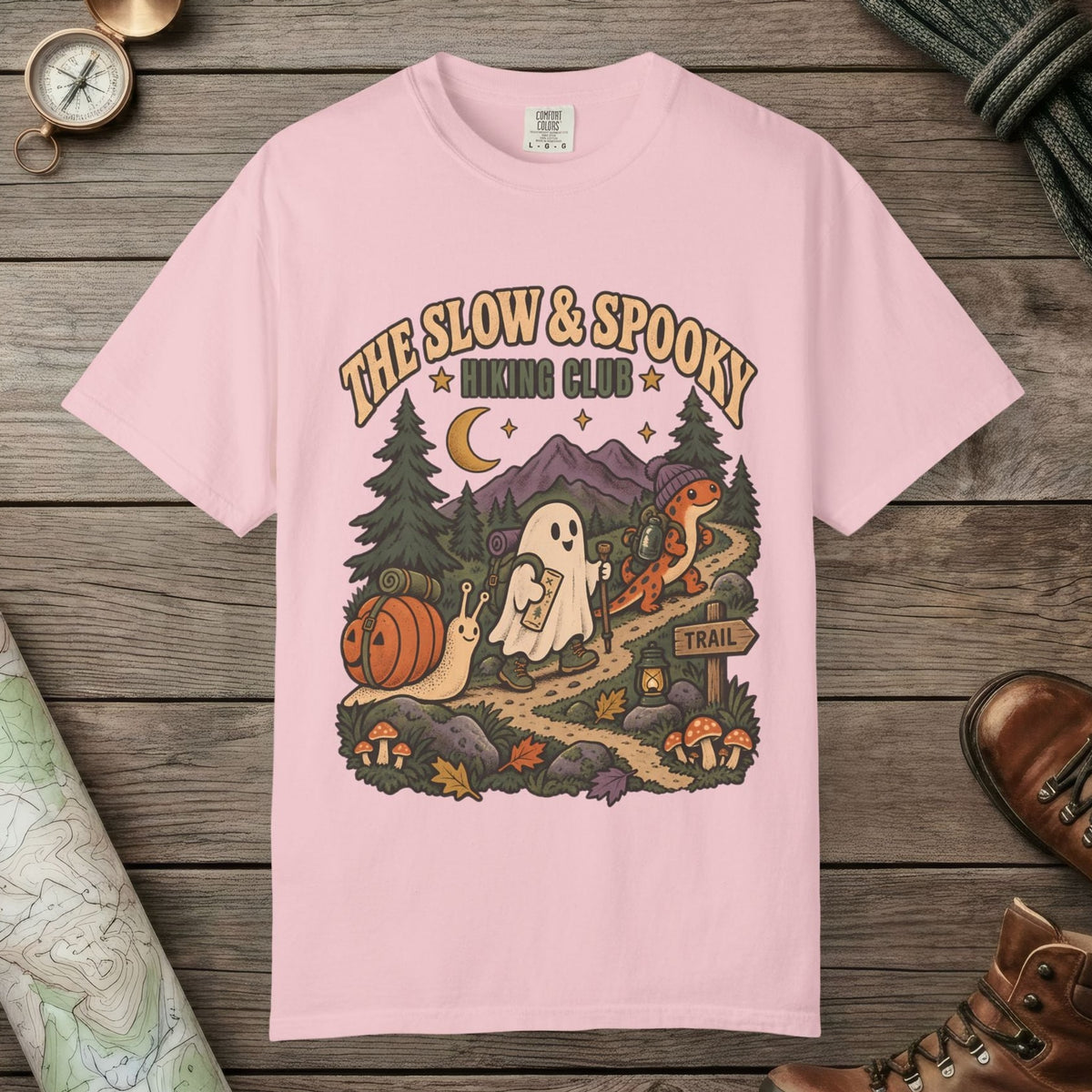 Blossom color unisex graphic t-shirt with "Slow & Spooky" design