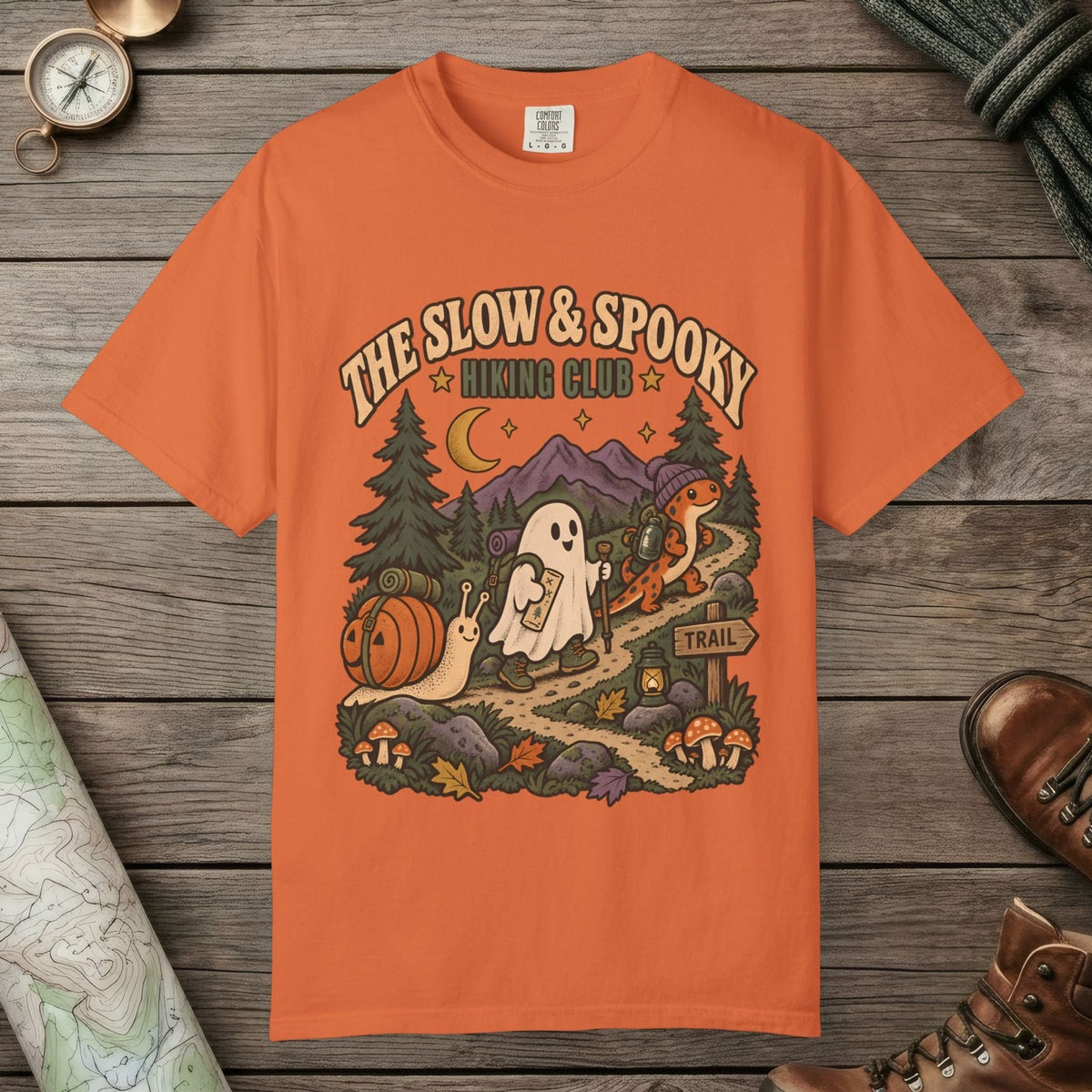 Burnt Orange color unisex graphic t-shirt with "Slow & Spooky" design