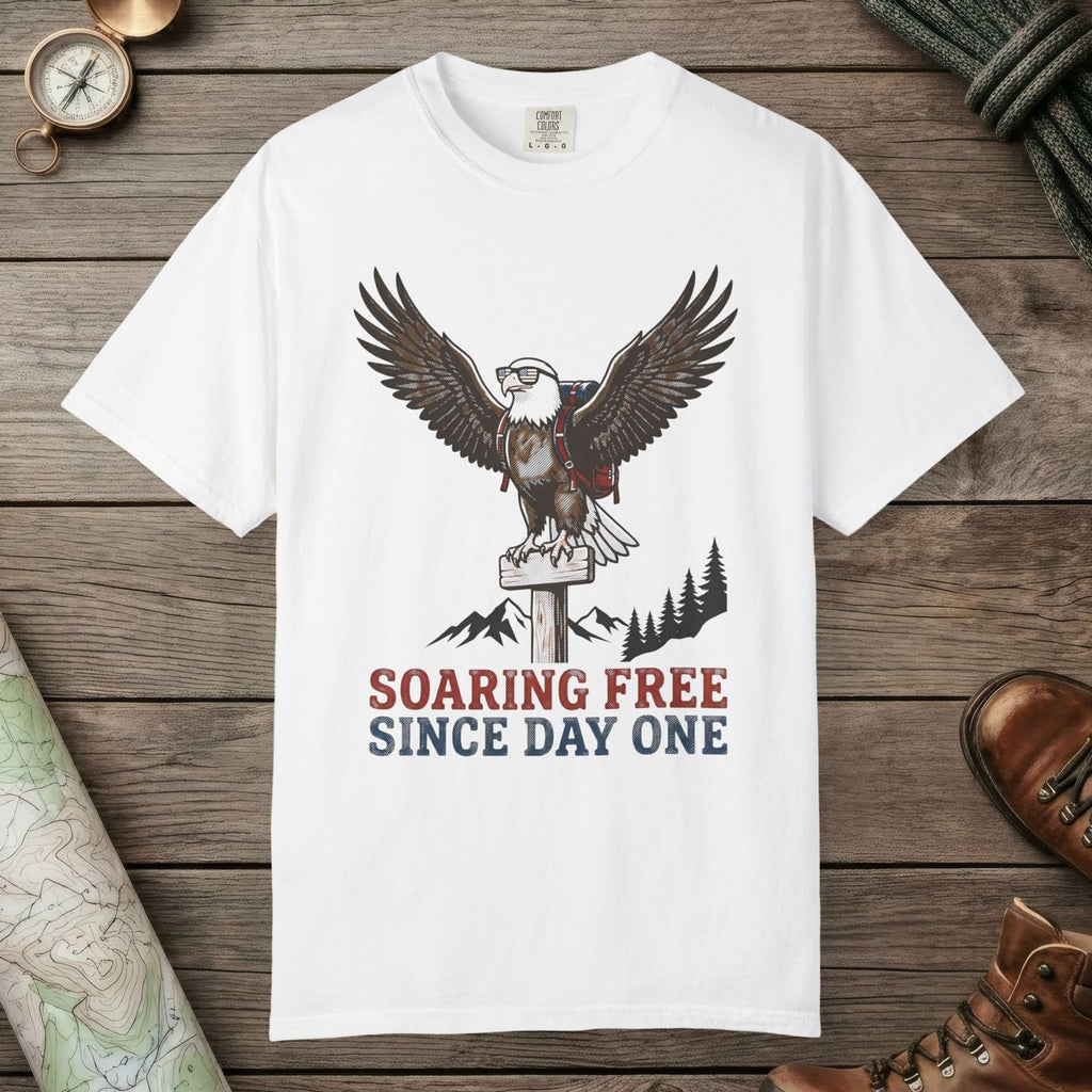White color unisex graphic t-shirt with "Soaring Free" design