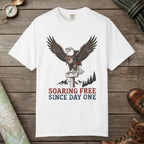 White color unisex graphic t-shirt with "Soaring Free" design