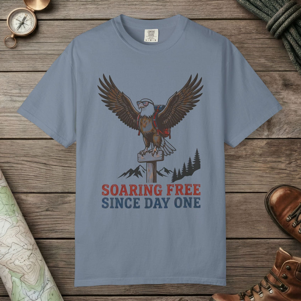 Blue Jean color unisex graphic t-shirt with "Soaring Free" design