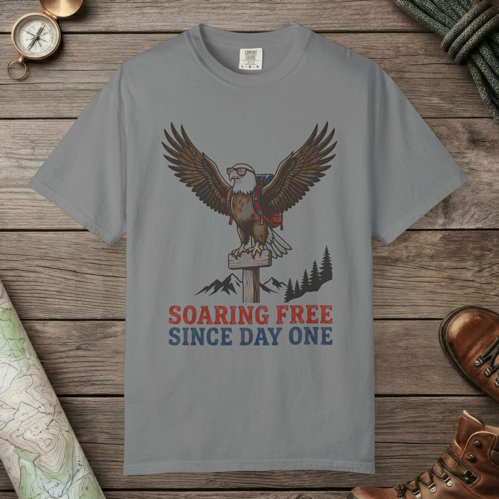 Grey color unisex graphic t-shirt with "Soaring Free" design
