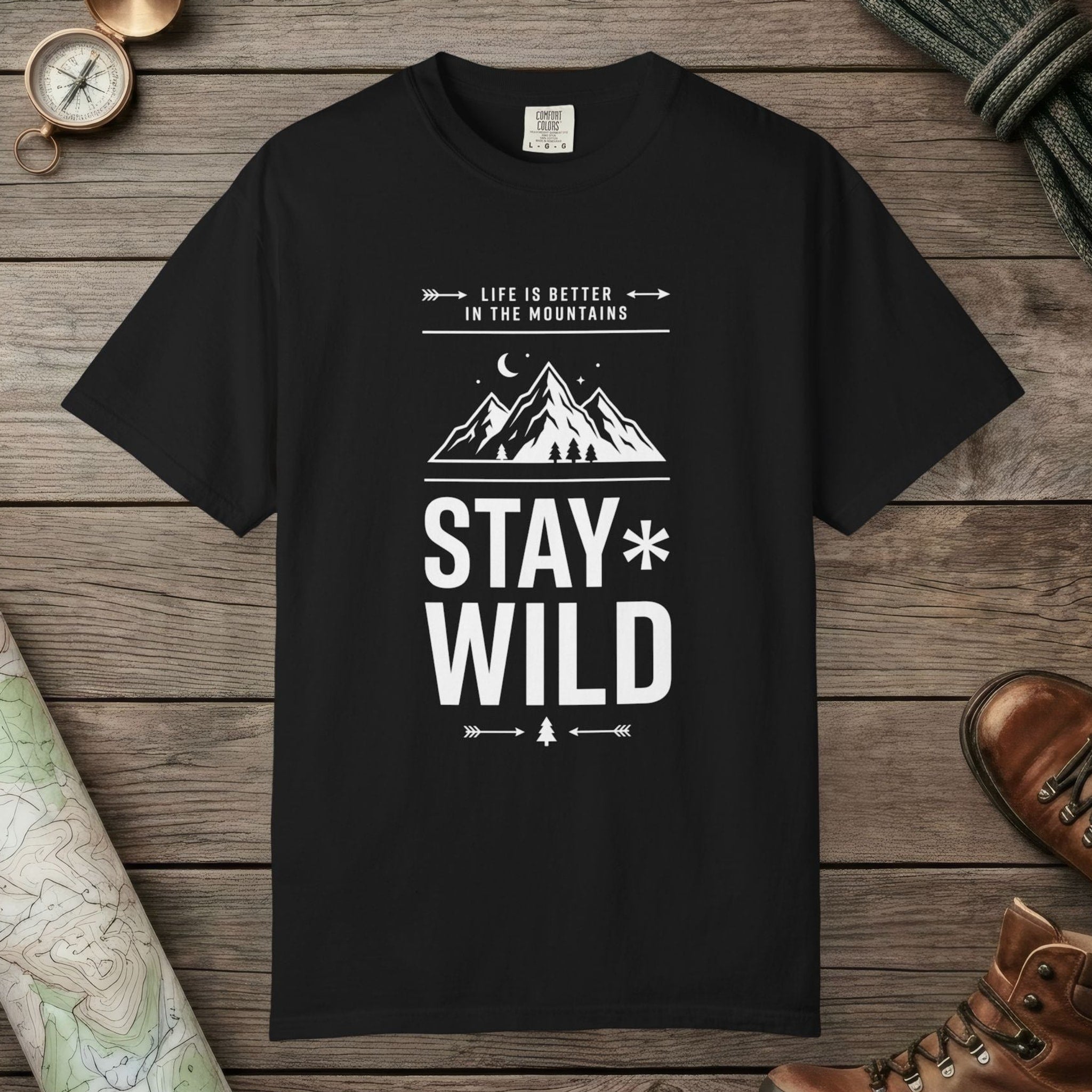 Black color unisex graphic t-shirt with "Stay Wild" design