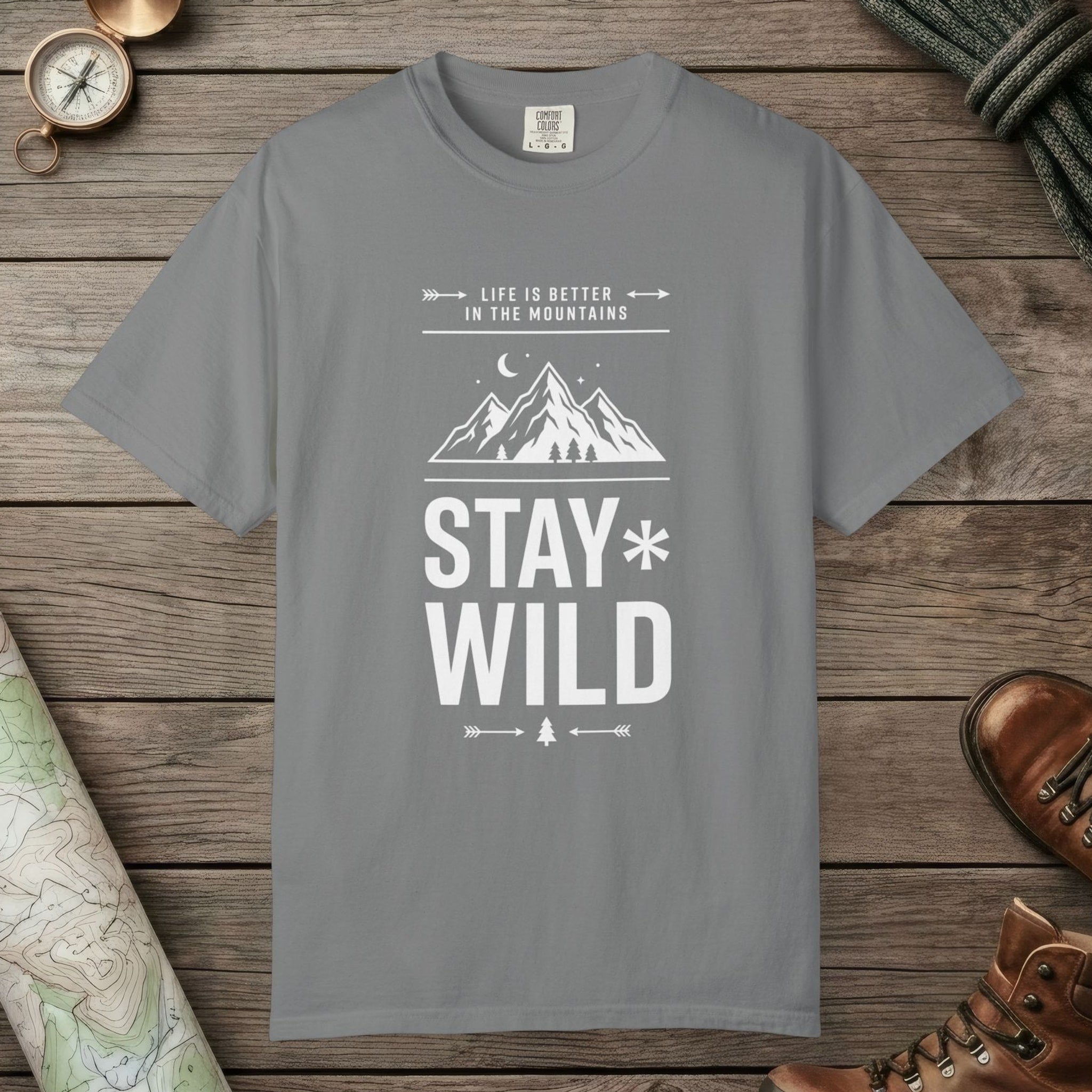 Grey color unisex graphic t-shirt with "Stay Wild" design