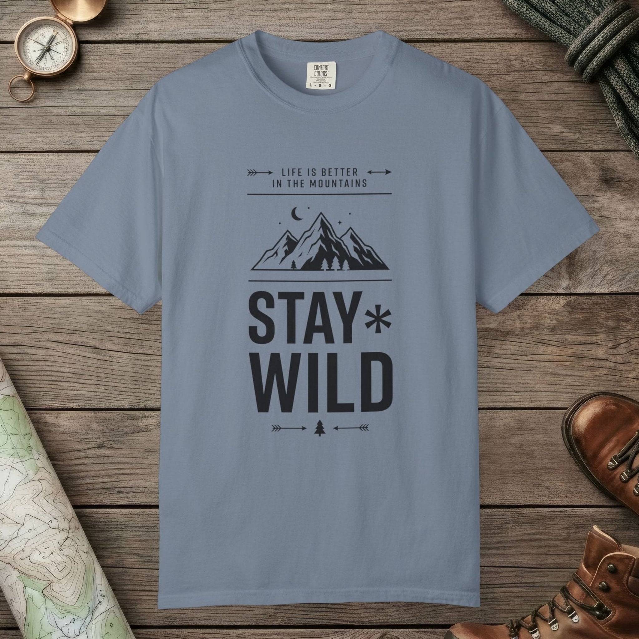 Blue Jean color unisex graphic t-shirt with "Stay Wild" design
