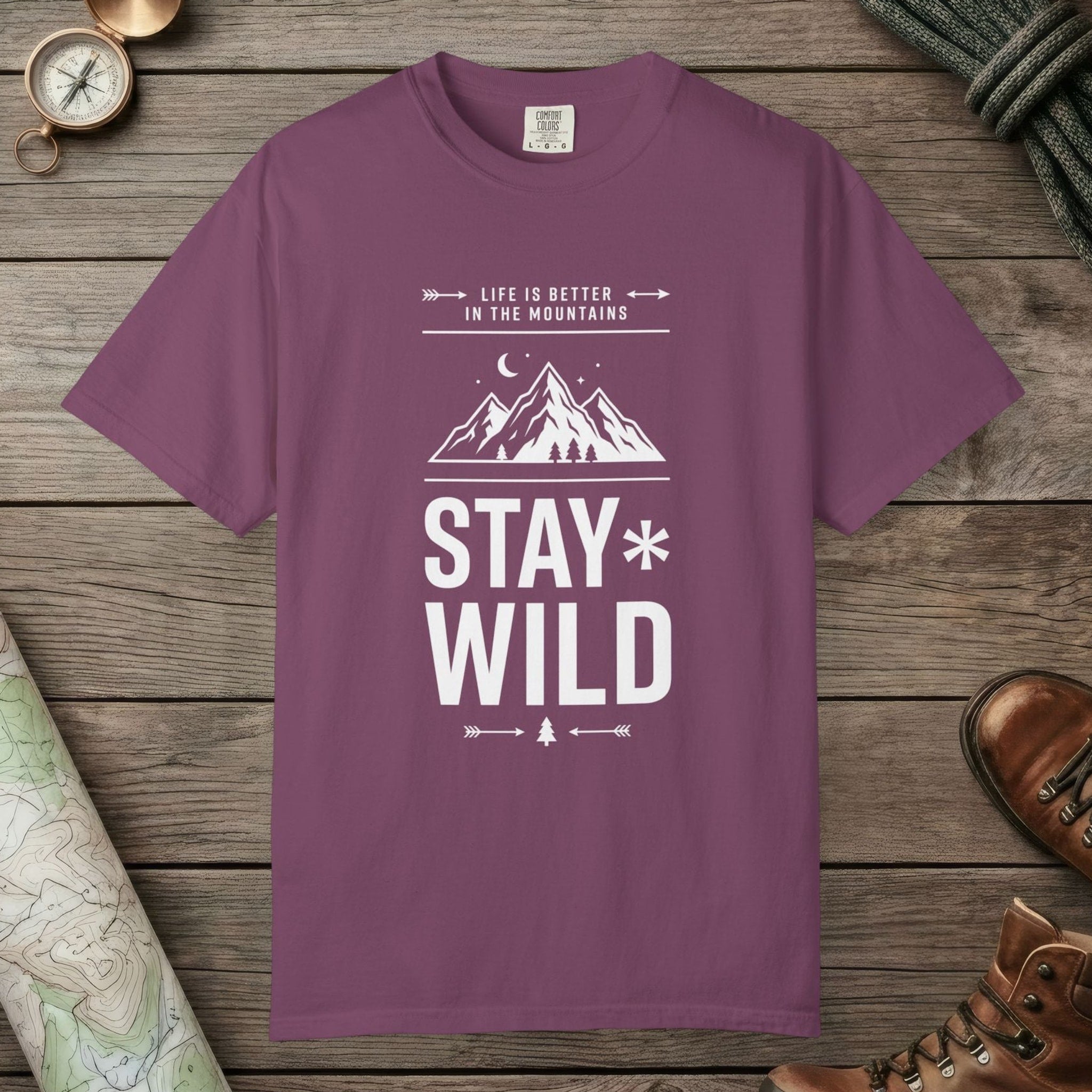 Berry color unisex graphic t-shirt with "Stay Wild" design