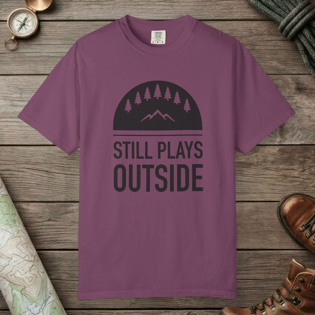 Berry color unisex graphic t-shirt with "Still Plays Outside" design