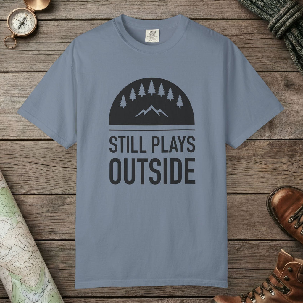 Blue Jean color unisex graphic t-shirt with "Still Plays Outside" design