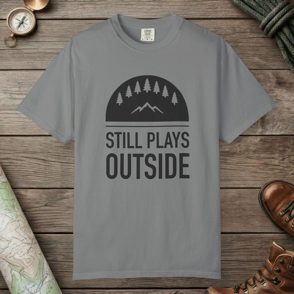 Grey color unisex graphic t-shirt with "Still Plays Outside" design