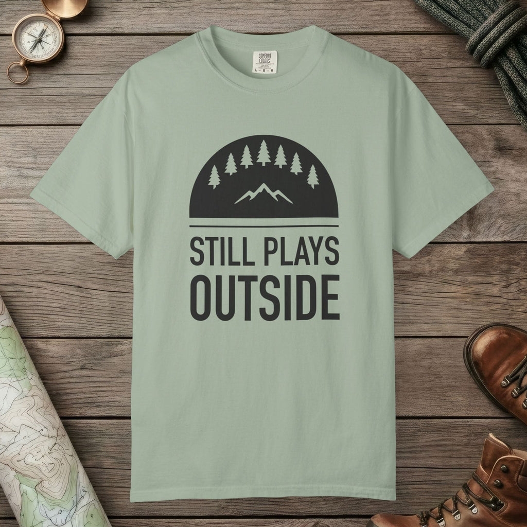 Bay color unisex graphic t-shirt with "Still Plays Outside" design