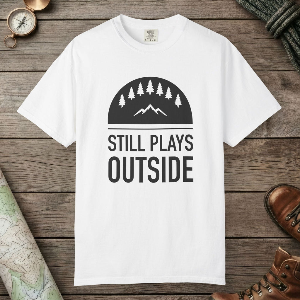 White color unisex graphic t-shirt with "Still Plays Outside" design