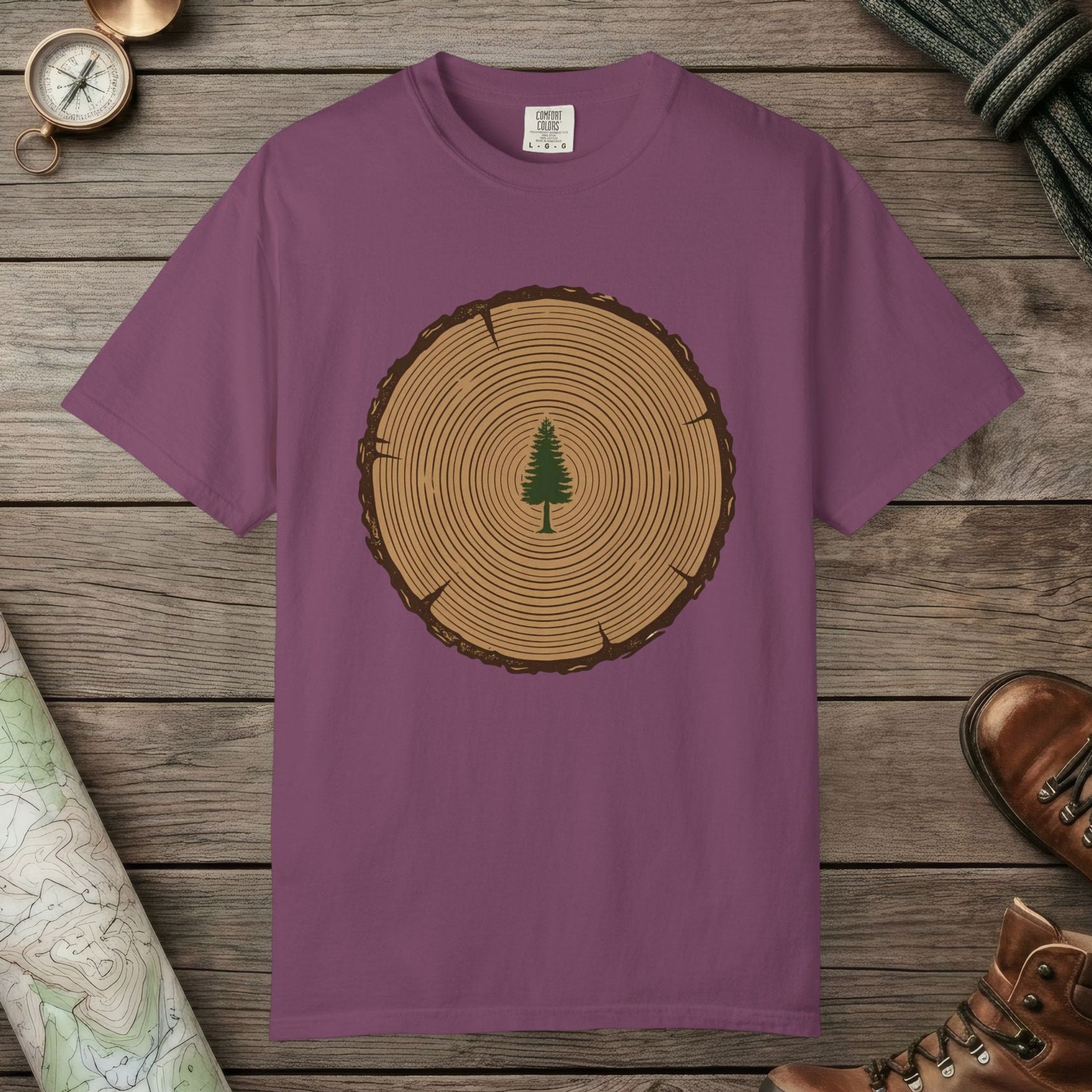Berry color unisex graphic t-shirt with "Stump Of Life" design