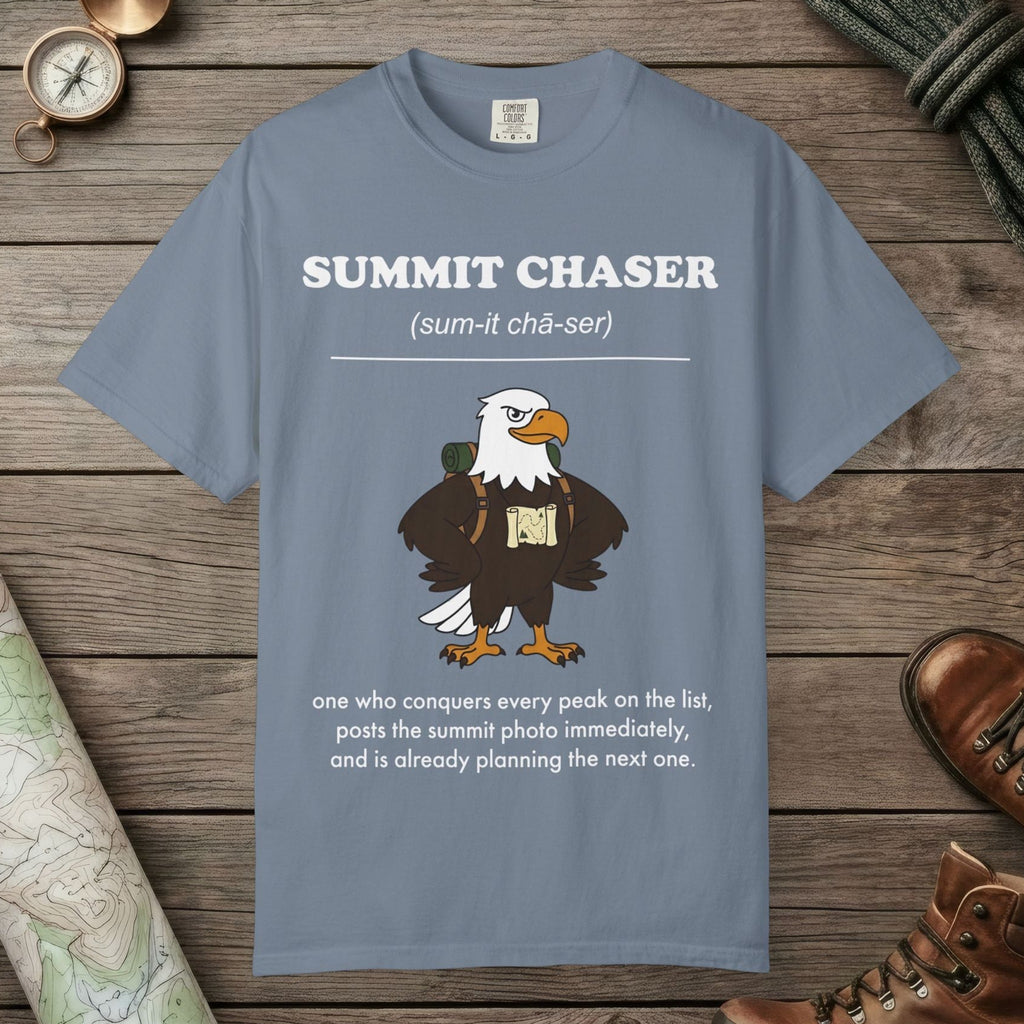 Blue Jean color unisex graphic t-shirt with "Summit Chaser Definition" design