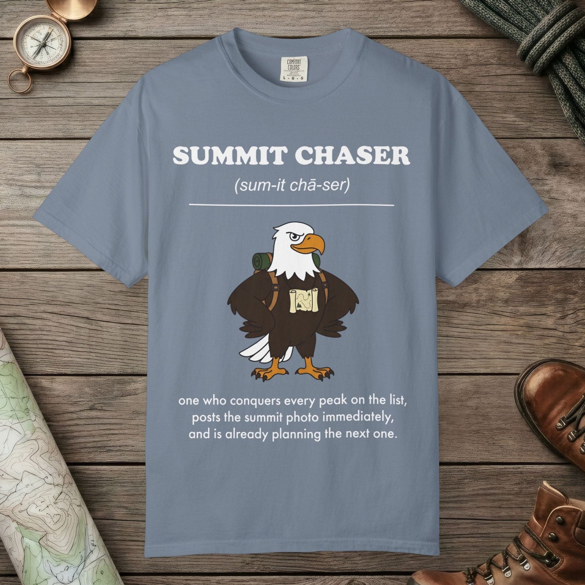 Blue Jean color unisex graphic t-shirt with "Summit Chaser Definition" design