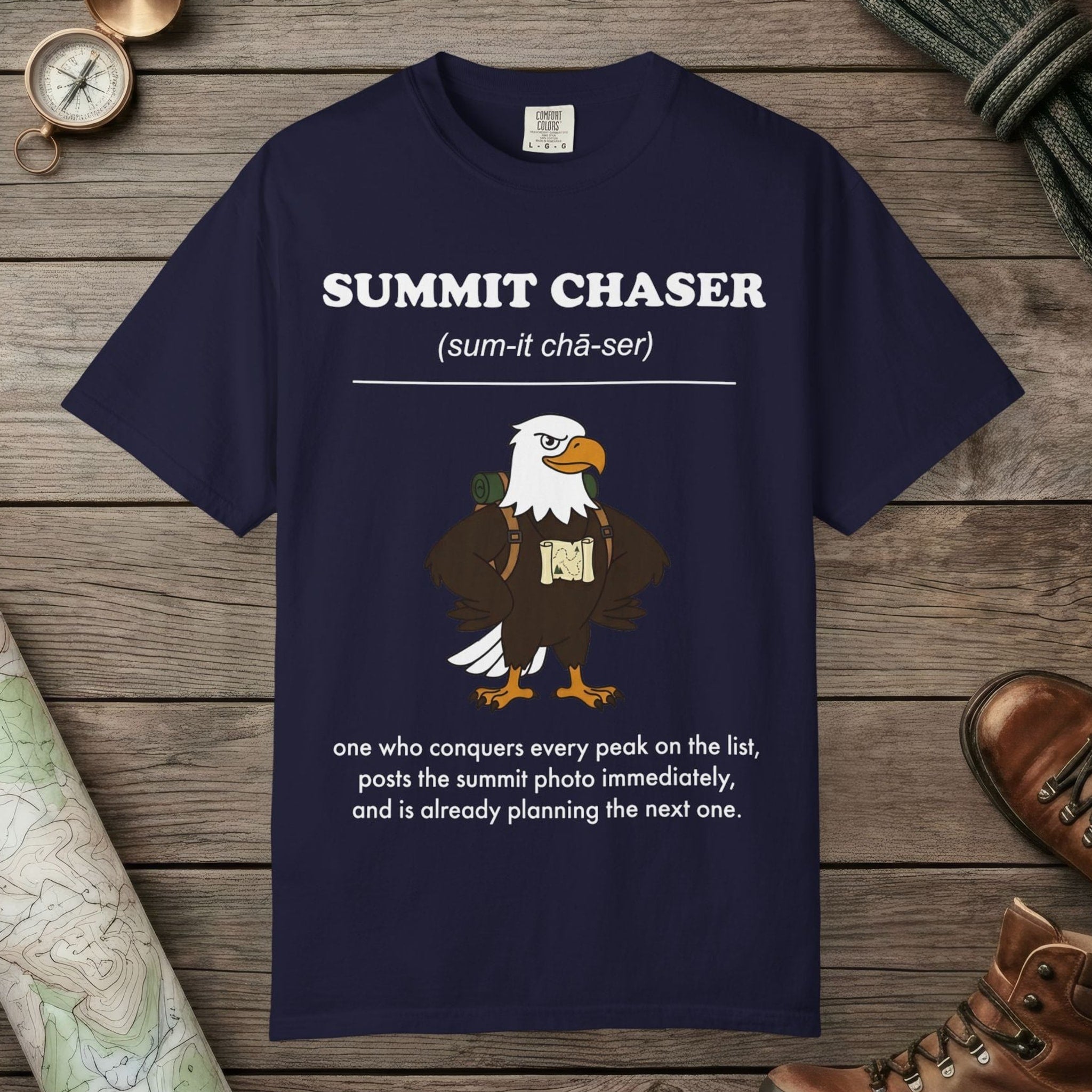 True Navy color unisex graphic t-shirt with "Summit Chaser Definition" design