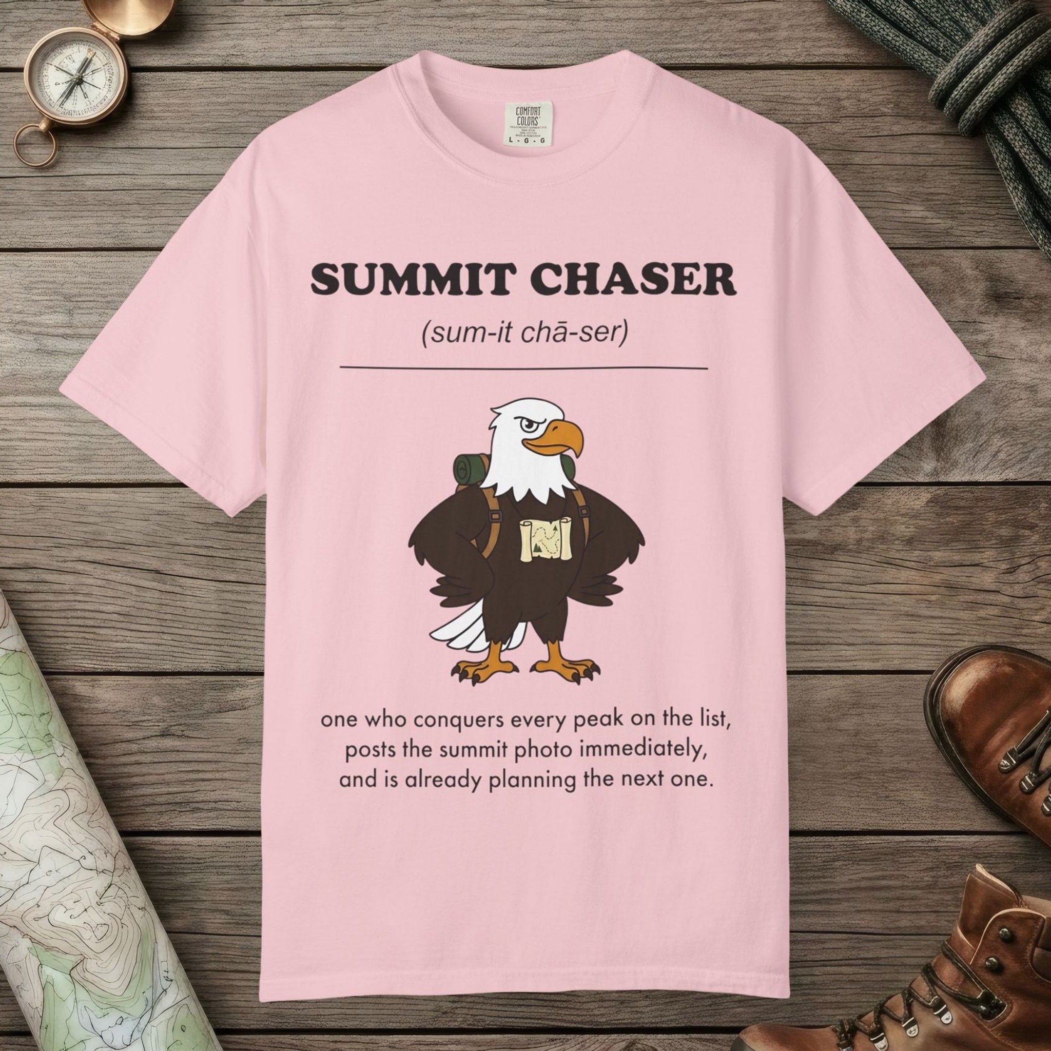 Blossom color unisex graphic t-shirt with "Summit Chaser Definition" design