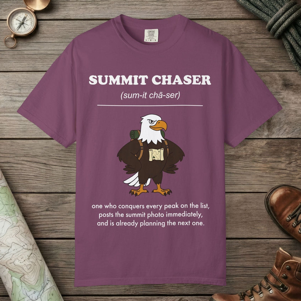 Berry color unisex graphic t-shirt with "Summit Chaser Definition" design