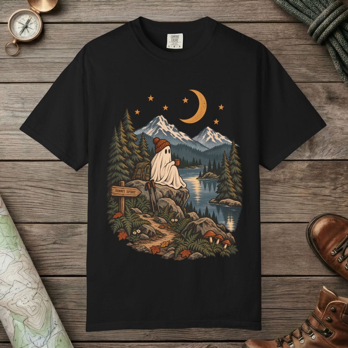 Black color unisex graphic t-shirt with "Summit Spirit" design