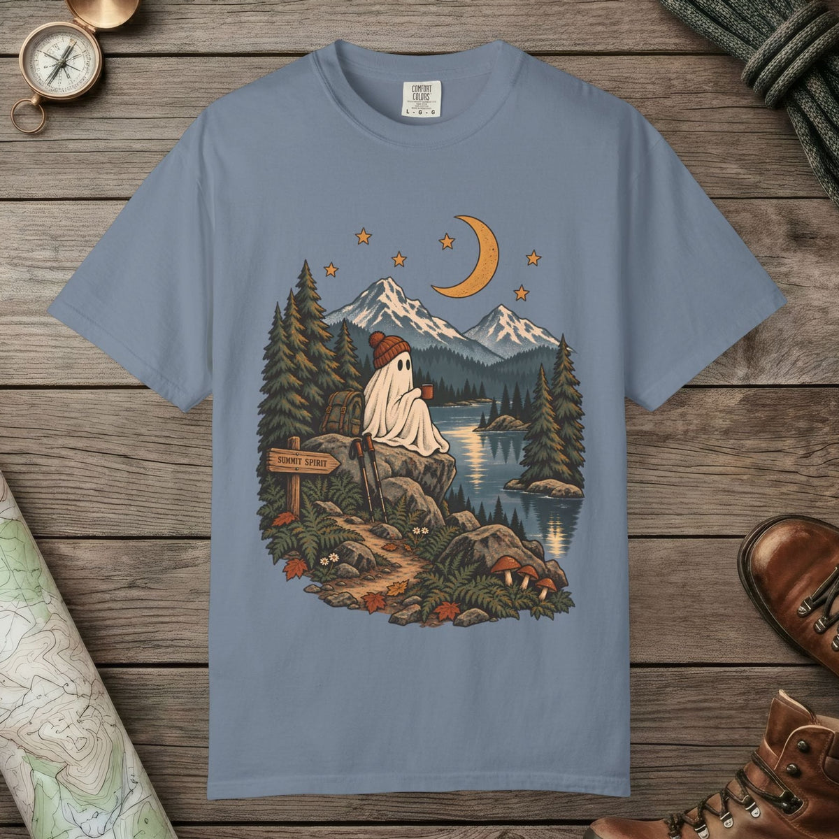 Blue Jean color unisex graphic t-shirt with "Summit Spirit" design