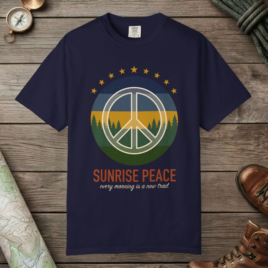 True Navy color unisex graphic t-shirt with "Sunrise Peace Horizon" design
