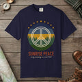 True Navy color unisex graphic t-shirt with "Sunrise Peace Horizon" design