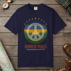 True Navy color unisex graphic t-shirt with "Sunrise Peace Horizon" design