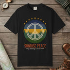 Black color unisex graphic t-shirt with "Sunrise Peace Horizon" design