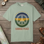 Bay color unisex graphic t-shirt with "Sunrise Peace Horizon" design