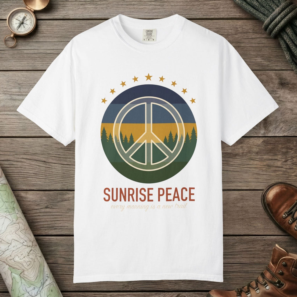 White color unisex graphic t-shirt with "Sunrise Peace Horizon" design