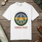 White color unisex graphic t-shirt with "Sunrise Peace Horizon" design
