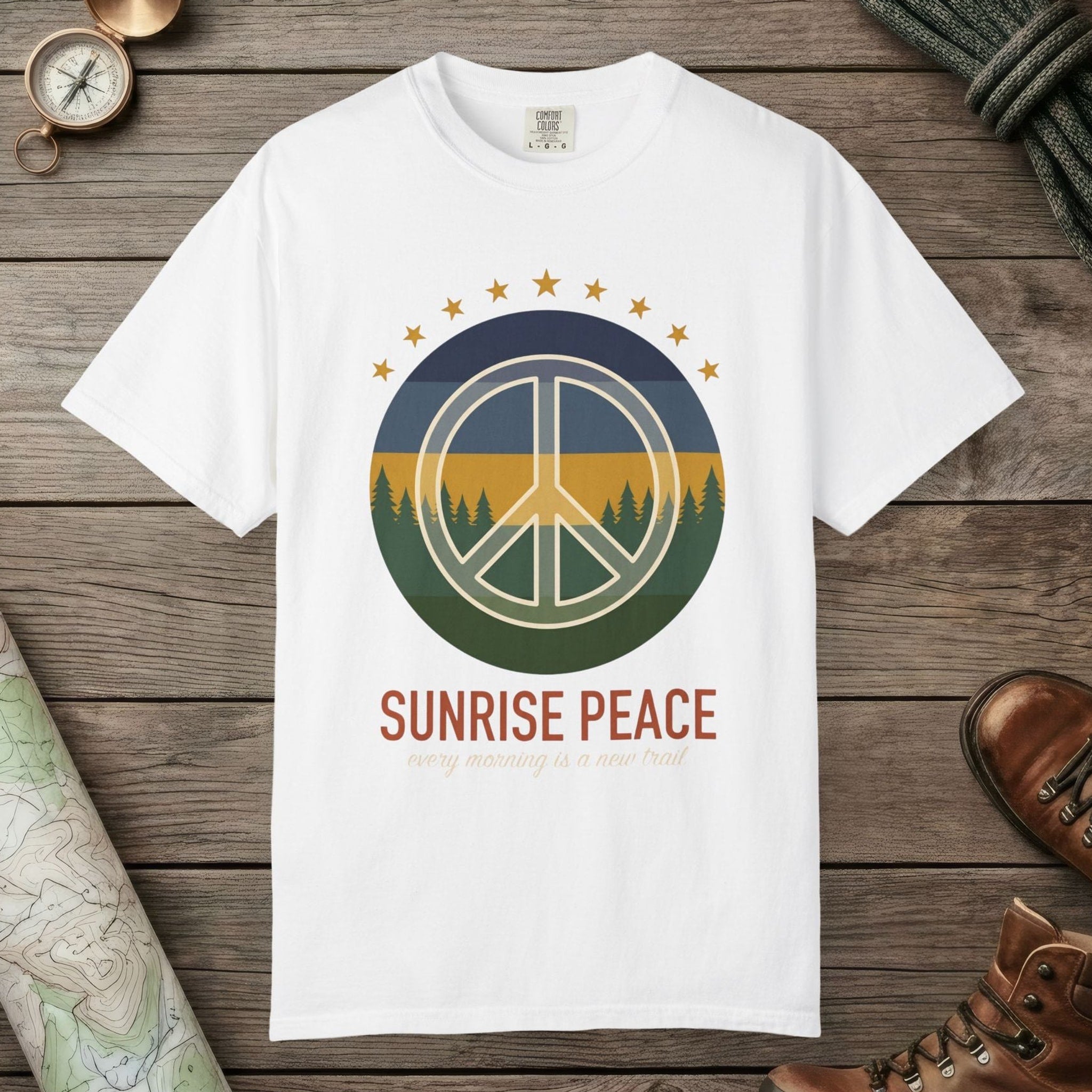 White color unisex graphic t-shirt with "Sunrise Peace Horizon" design