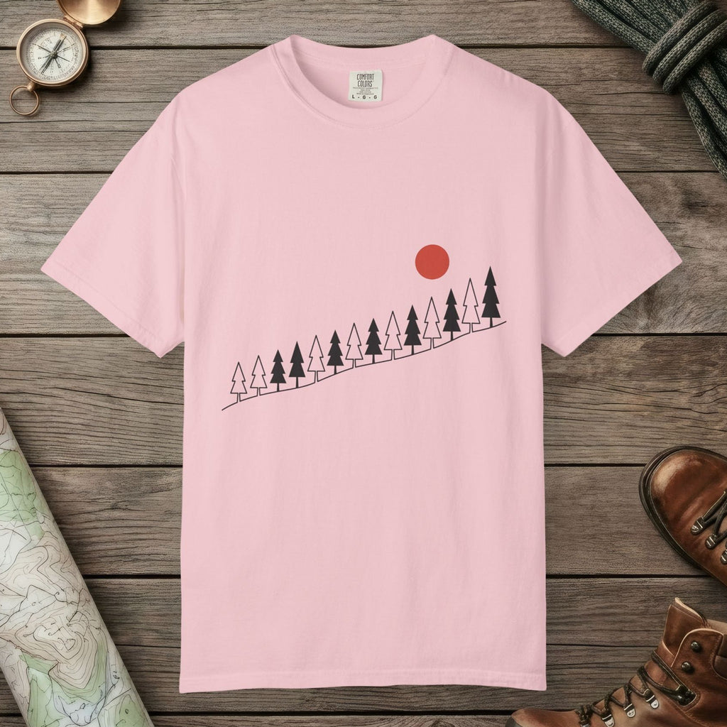 Blossom color unisex graphic t-shirt with "Sunrise Pine" design