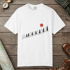 White color unisex graphic t-shirt with "Sunrise Pine" design