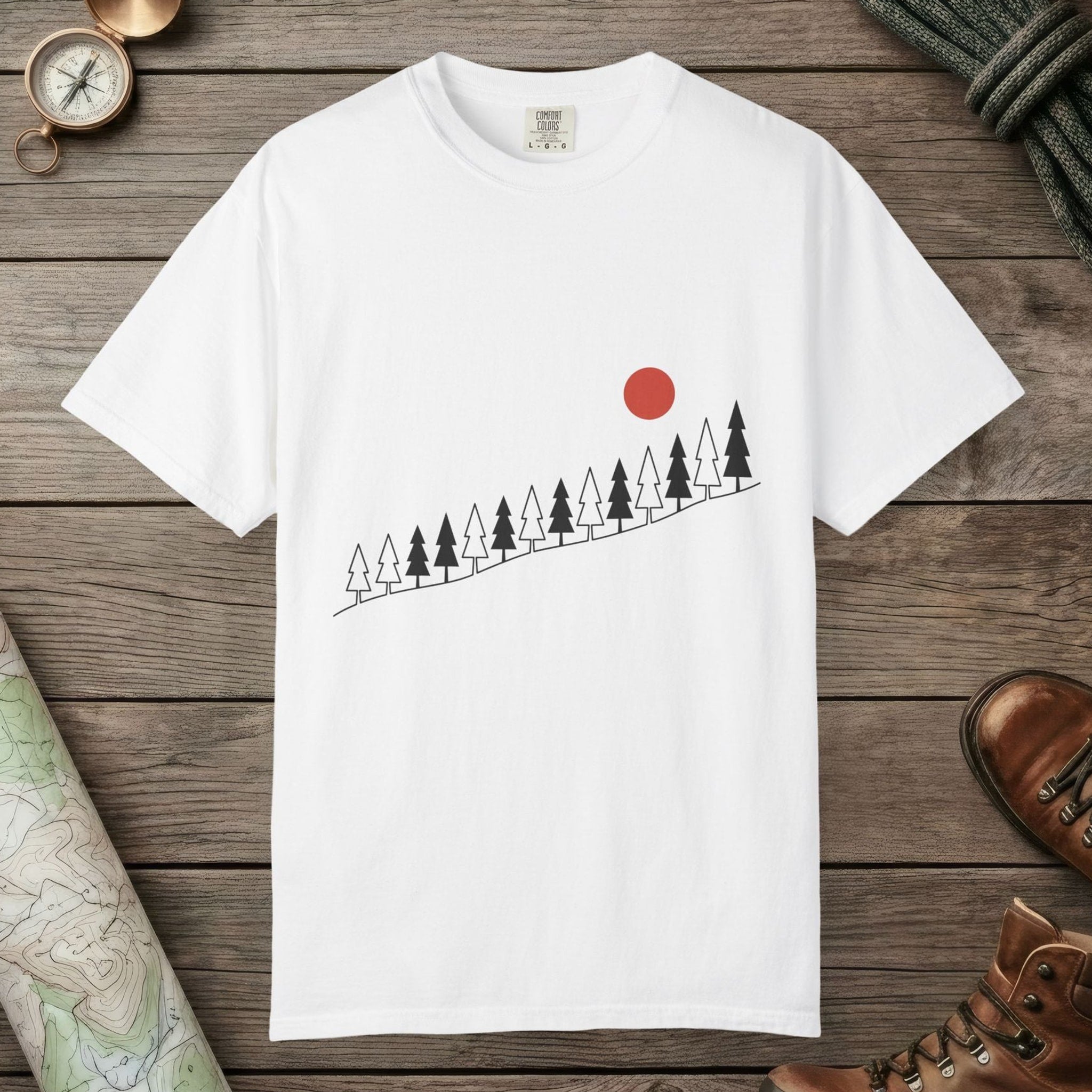 White color unisex graphic t-shirt with "Sunrise Pine" design