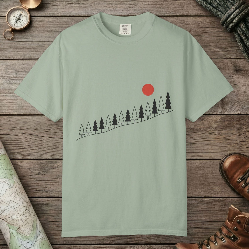Bay color unisex graphic t-shirt with "Sunrise Pine" design