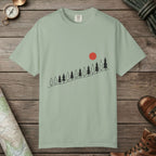 Bay color unisex graphic t-shirt with "Sunrise Pine" design
