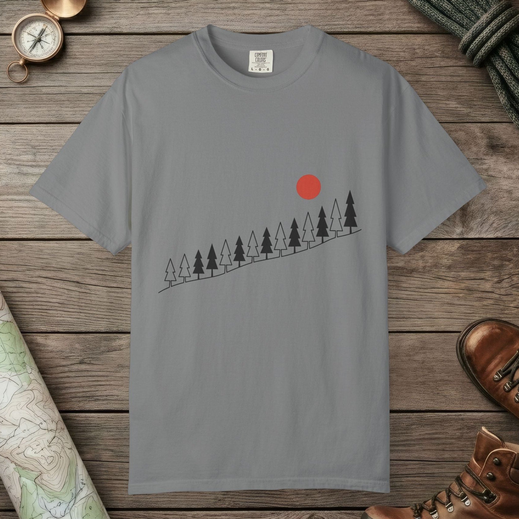 Grey color unisex graphic t-shirt with "Sunrise Pine" design