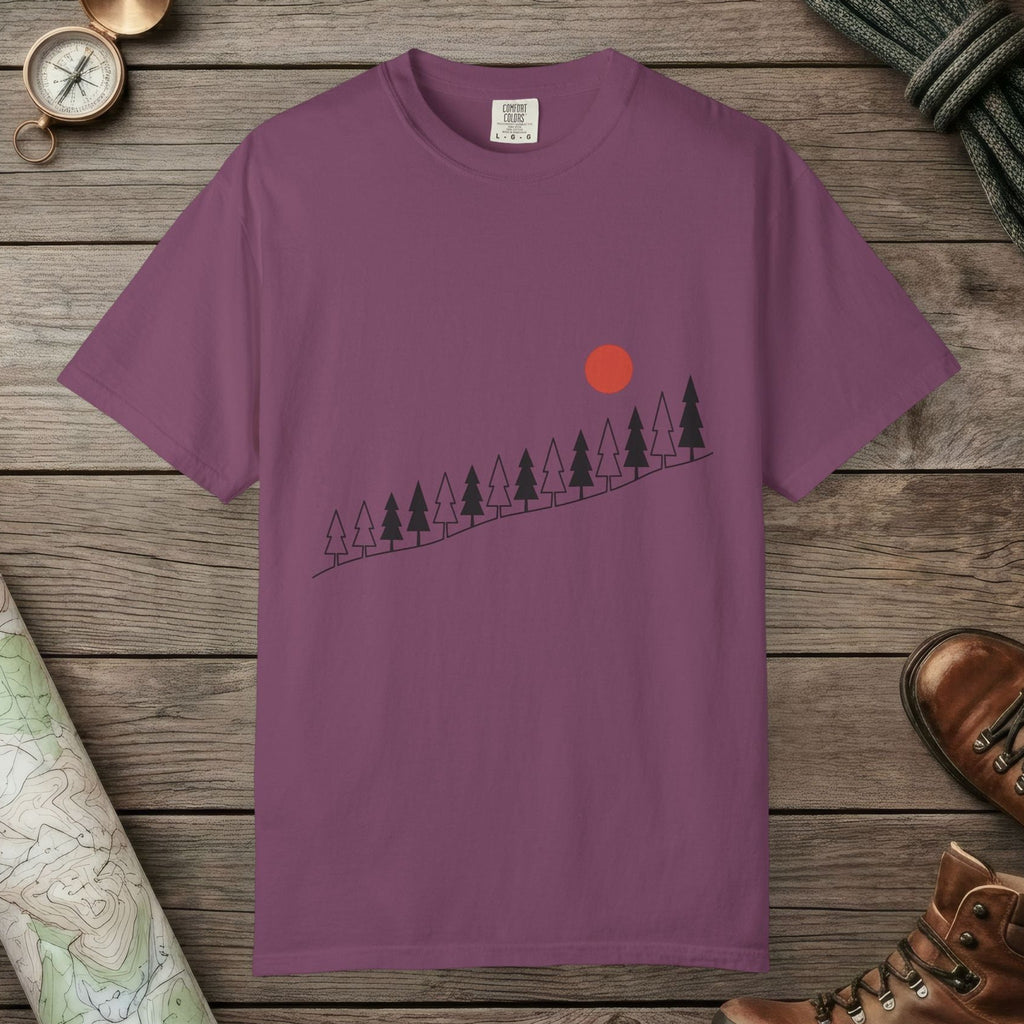 Berry color unisex graphic t-shirt with "Sunrise Pine" design