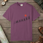 Berry color unisex graphic t-shirt with "Sunrise Pine" design