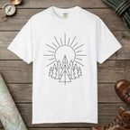White color unisex graphic t-shirt with "Sunrise Pine" design
