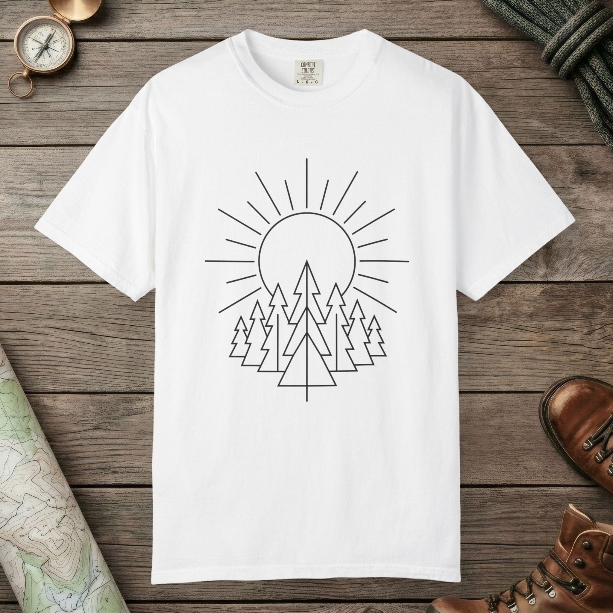 White color unisex graphic t-shirt with "Sunrise Pine" design