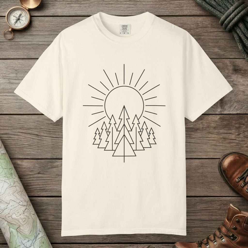 Ivory color unisex graphic t-shirt with "Sunrise Pine" design