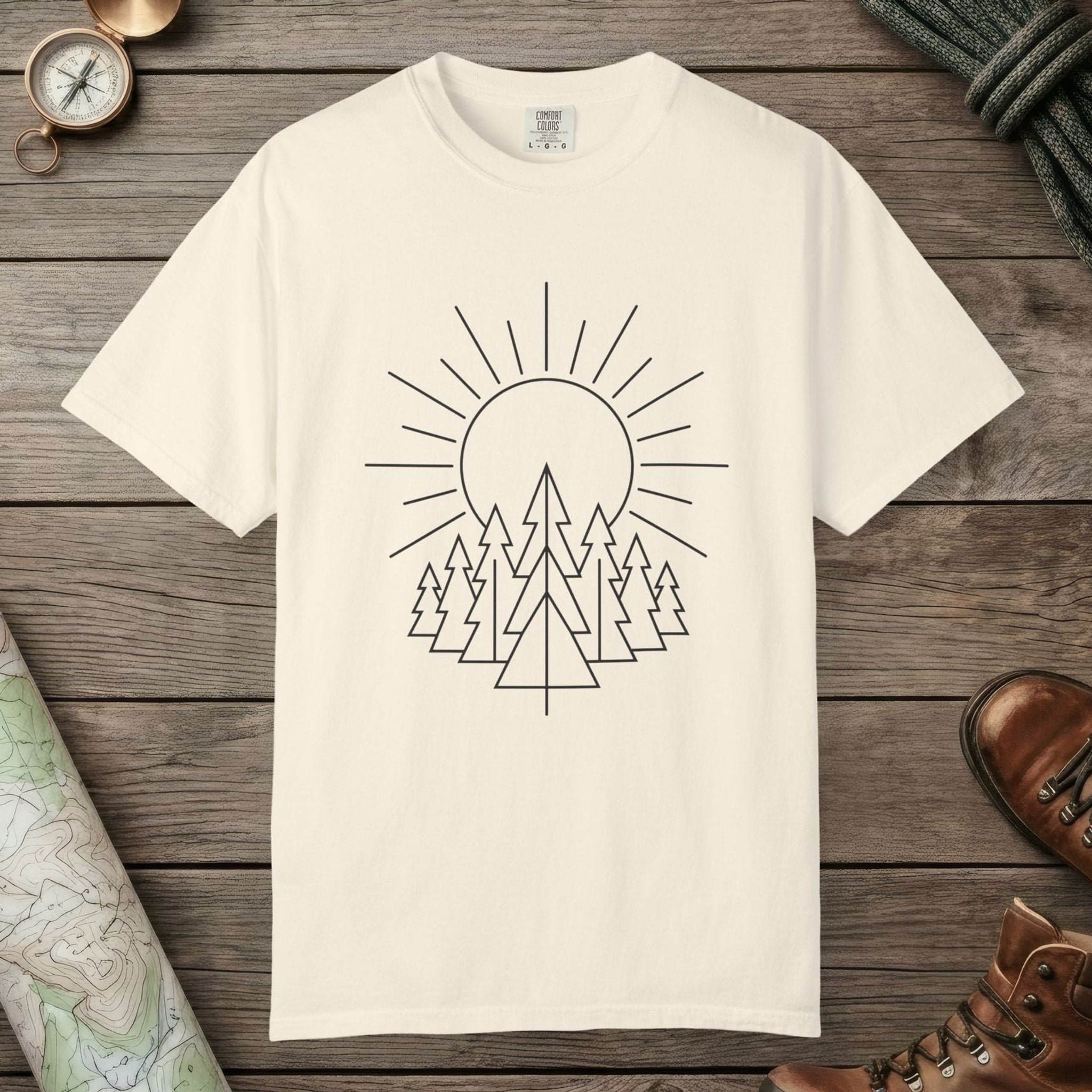 Ivory color unisex graphic t-shirt with "Sunrise Pine" design