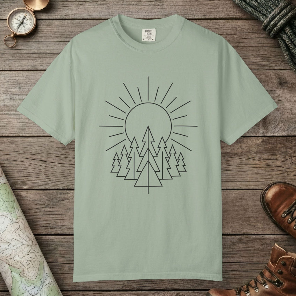 Bay color unisex graphic t-shirt with "Sunrise Pine" design