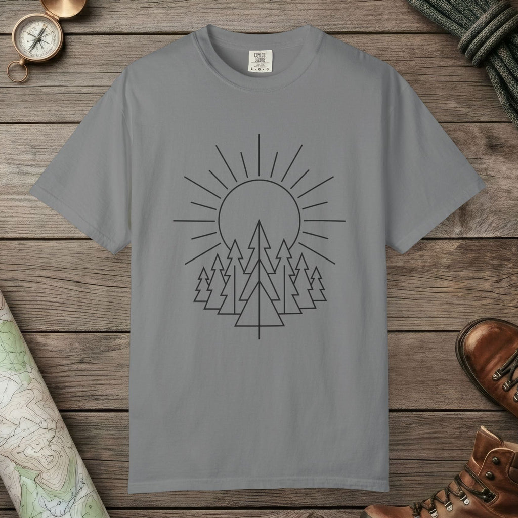Grey color unisex graphic t-shirt with "Sunrise Pine" design